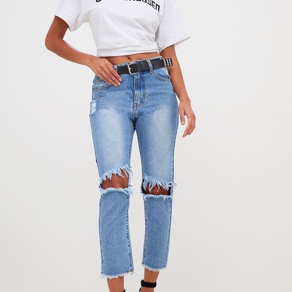 Mid wash extreme knee rip slim